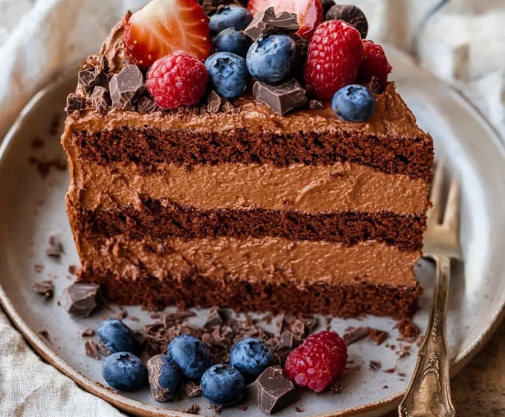 Three-layer chocolate cake with rich frosting and a glossy finish.