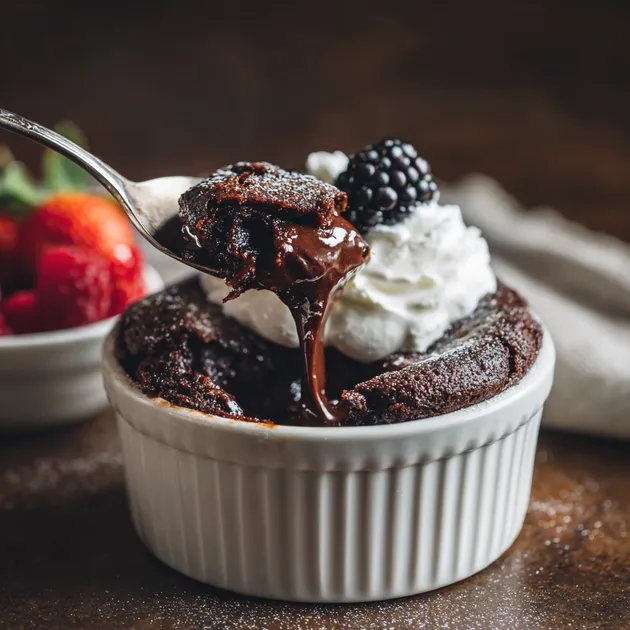 Best Flourless Chocolate Lava Cake – Unbelievably Moist, Easy & Decadent 9 Flourless chocolate lava cake served in a white ramekin