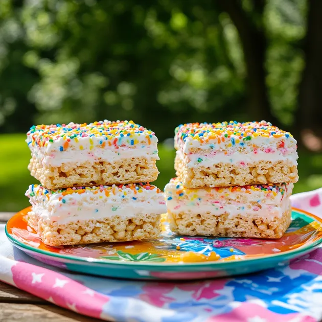 Rice Crispy Treats Ice Cream Sandwich stacked on a pastel plate