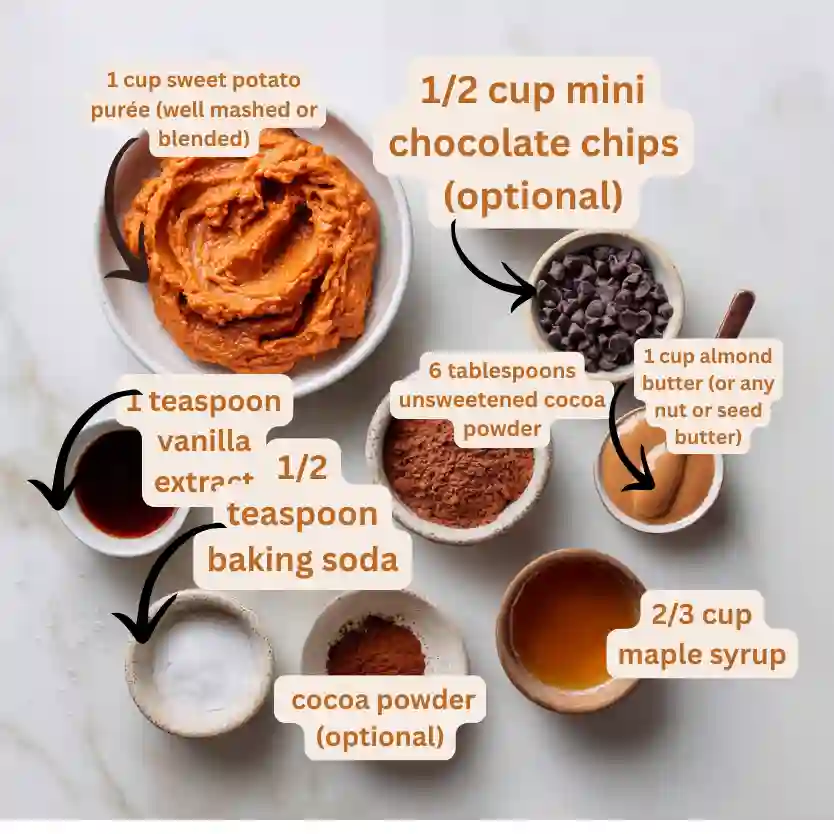 Fudgy Sweet Potato Cocoa Powder Brownies: Easy, Healthy Recipe 8 flat lay of sweet potato brownies ingredients