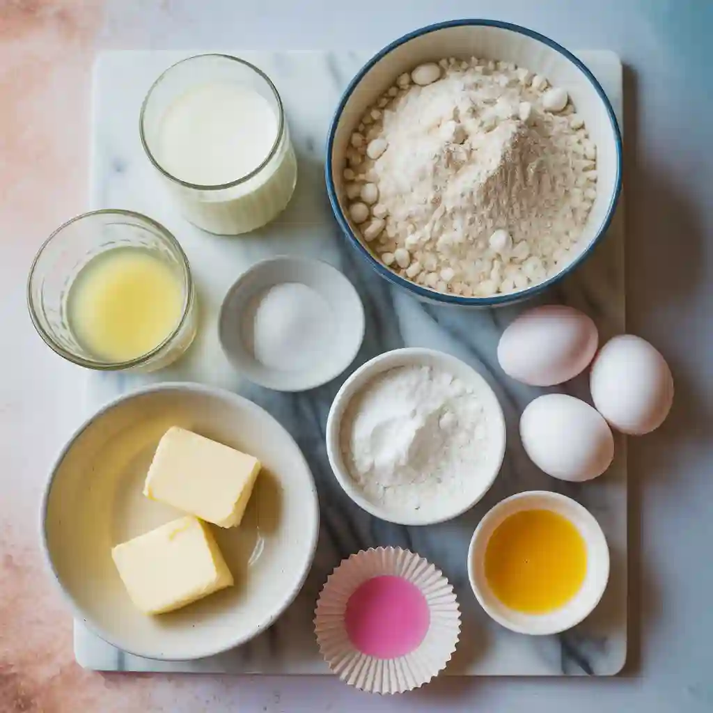 Heart Pink Cake with Pink Bow | Have You Seen the Cutest Cake of the Year? 8 cake ingredients flat lay on marble – flour, eggs, butter, sugar, milk, pink coloring