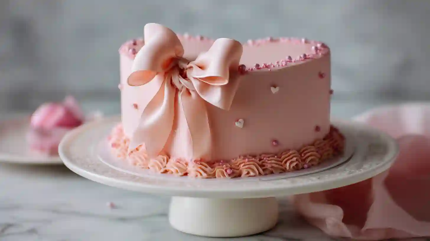 pink cake with fondant bow on cake stand