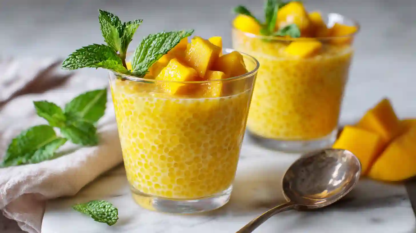 Mango sago dessert in a clear glass with mango chunks and tapioca