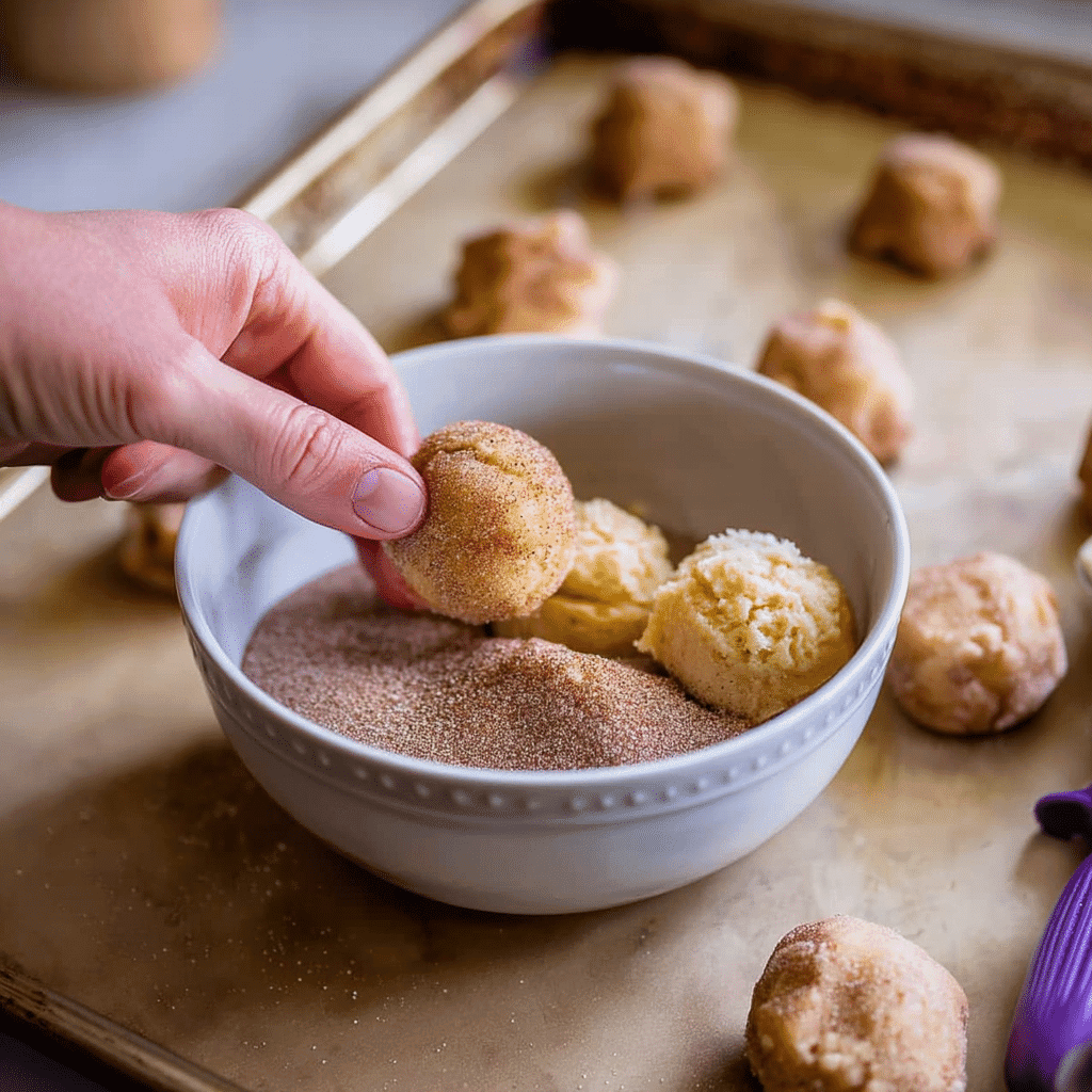 Irresistibly Soft Snickerdoodle Cookies with Cinnamon Sugar Magic 10 Hand rolling dough ball in cinnamon sugar
